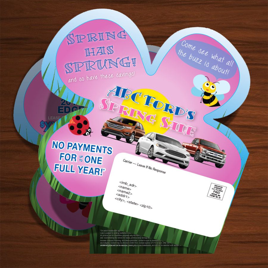 Spring die cut direct mail self mailer