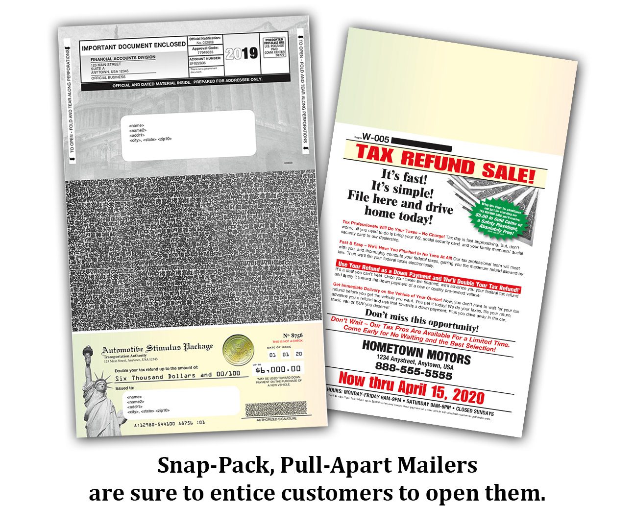 Snap Pack, Tear Off, Pull Apart Mailers, Tax Season Marketing W2 Mail