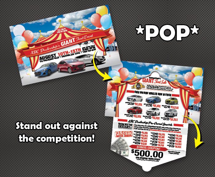 pop tent shape car mailer unique shaped mail, pop out design direct mail